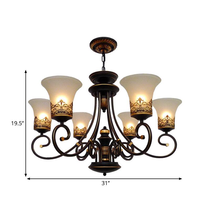 6/8-Light Ceiling Lamp with Bell Shade Cream Glass Traditional Chandelier in Black-Gold - Rebooters