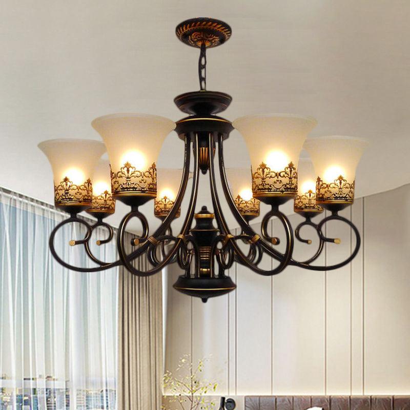 6/8-Light Ceiling Lamp with Bell Shade Cream Glass Traditional Chandelier in Black-Gold - Rebooters