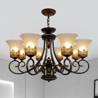 6/8-Light Ceiling Lamp with Bell Shade Cream Glass Traditional Chandelier in Black-Gold - Rebooters