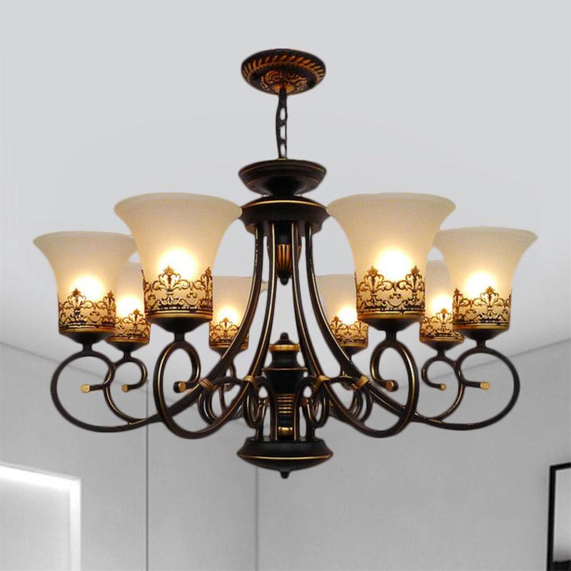 6/8-Light Ceiling Lamp with Bell Shade Cream Glass Traditional Chandelier in Black-Gold - Rebooters