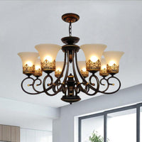 6/8-Light Ceiling Lamp with Bell Shade Cream Glass Traditional Chandelier in Black-Gold - Rebooters