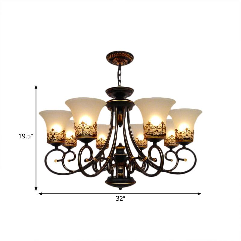6/8-Light Ceiling Lamp with Bell Shade Cream Glass Traditional Chandelier in Black-Gold - Rebooters