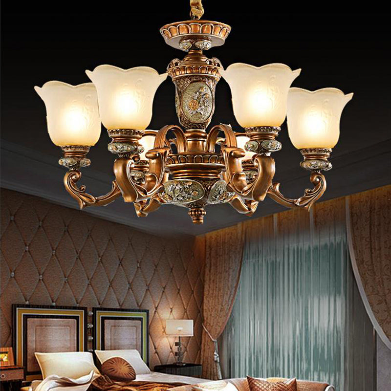 Cream Glass Brown Chandelier Lighting Fixture Floral Shade 6/8-Light - Rebooters