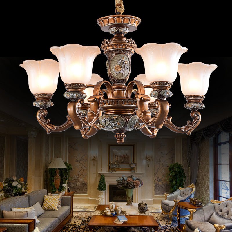 Cream Glass Brown Chandelier Lighting Fixture Floral Shade 6/8-Light - Rebooters