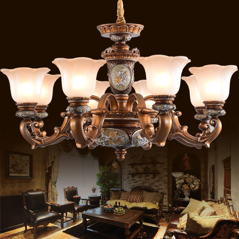 Cream Glass Brown Chandelier Lighting Fixture Floral Shade 6/8-Light - Rebooters