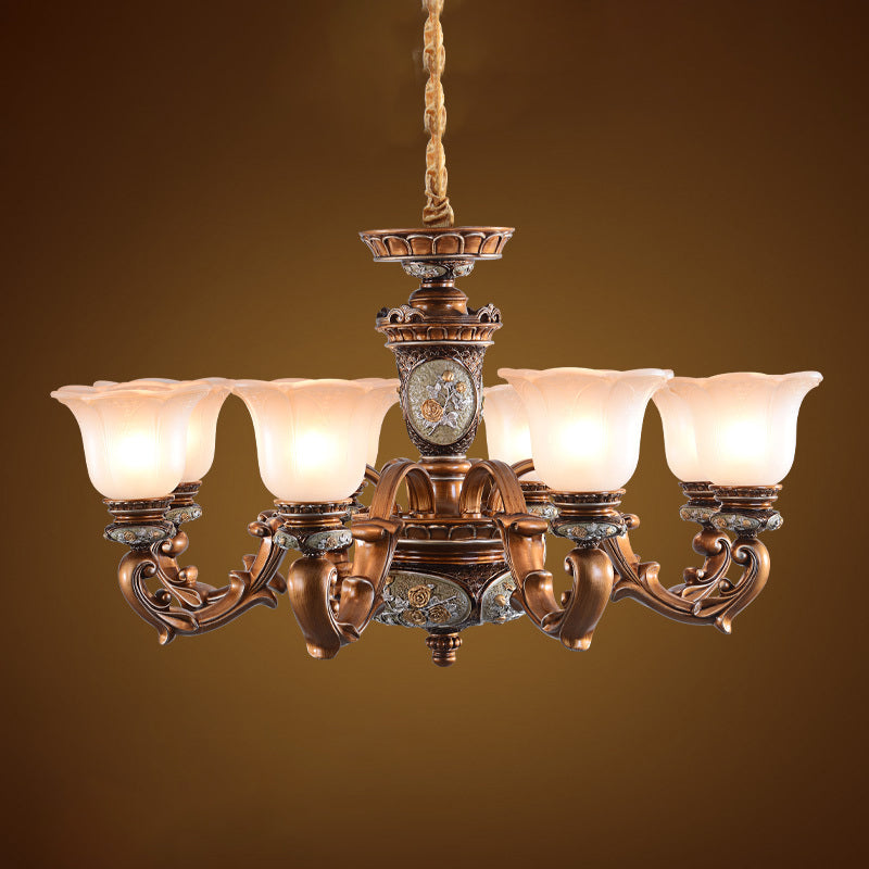 Cream Glass Brown Chandelier Lighting Fixture Floral Shade 6/8-Light - Rebooters