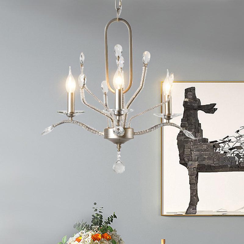 Curved Arm Dinning Room Ceiling Lamp Traditional Crystal Balls 3 Heads Silver Chandelier - Rebooters