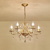 6 Heads Hanging Chandelier Traditional Candelabra Crystal Water Drops Suspended Lamp in Gold - Rebooters