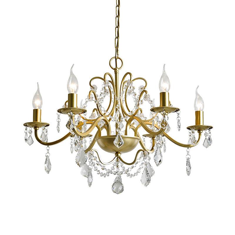 6 Heads Hanging Chandelier Traditional Candelabra Crystal Water Drops Suspended Lamp in Gold - Rebooters