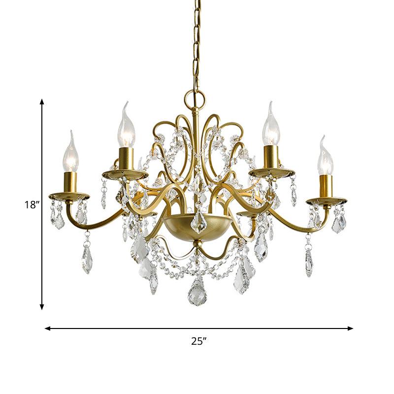 6 Heads Hanging Chandelier Traditional Candelabra Crystal Water Drops Suspended Lamp in Gold - Rebooters