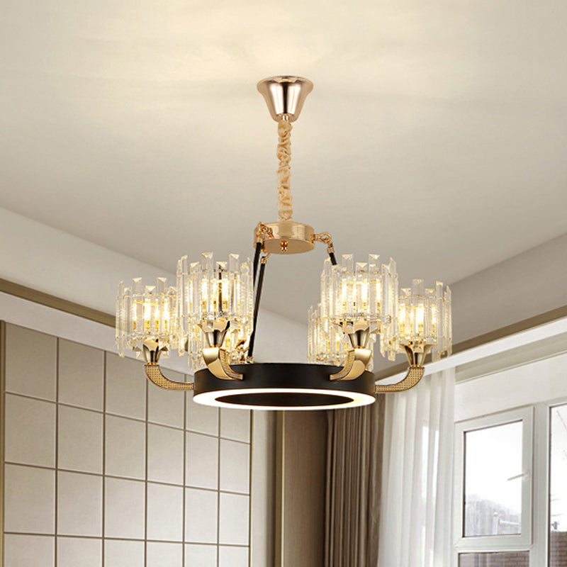 Black And Gold 6 Bulbs Pendant Chandelier Traditional Crystal Cylinder Shade Ceiling Light - Rebooters