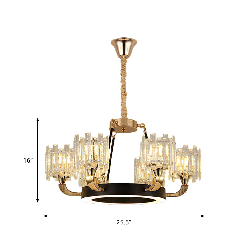 Black And Gold 6 Bulbs Pendant Chandelier Traditional Crystal Cylinder Shade Ceiling Light - Rebooters