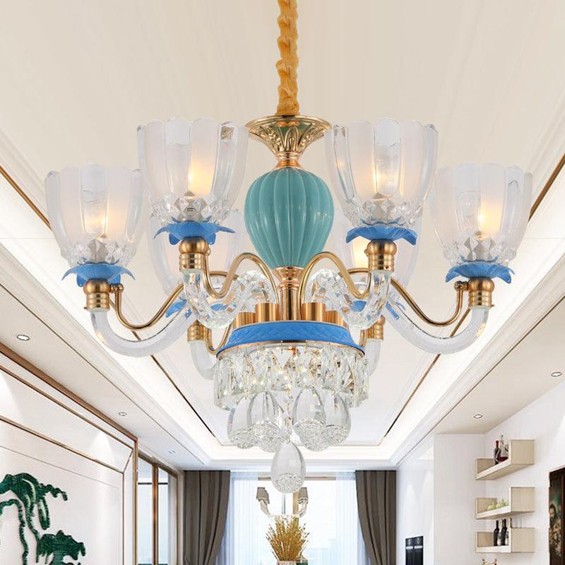 6 Heads Floral Shaped Chandelier Lamp Traditional Blue Crystal - Rebooters