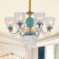 6 Heads Floral Shaped Chandelier Lamp Traditional Blue Crystal - Rebooters