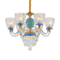 6 Heads Floral Shaped Chandelier Lamp Traditional Blue Crystal - Rebooters