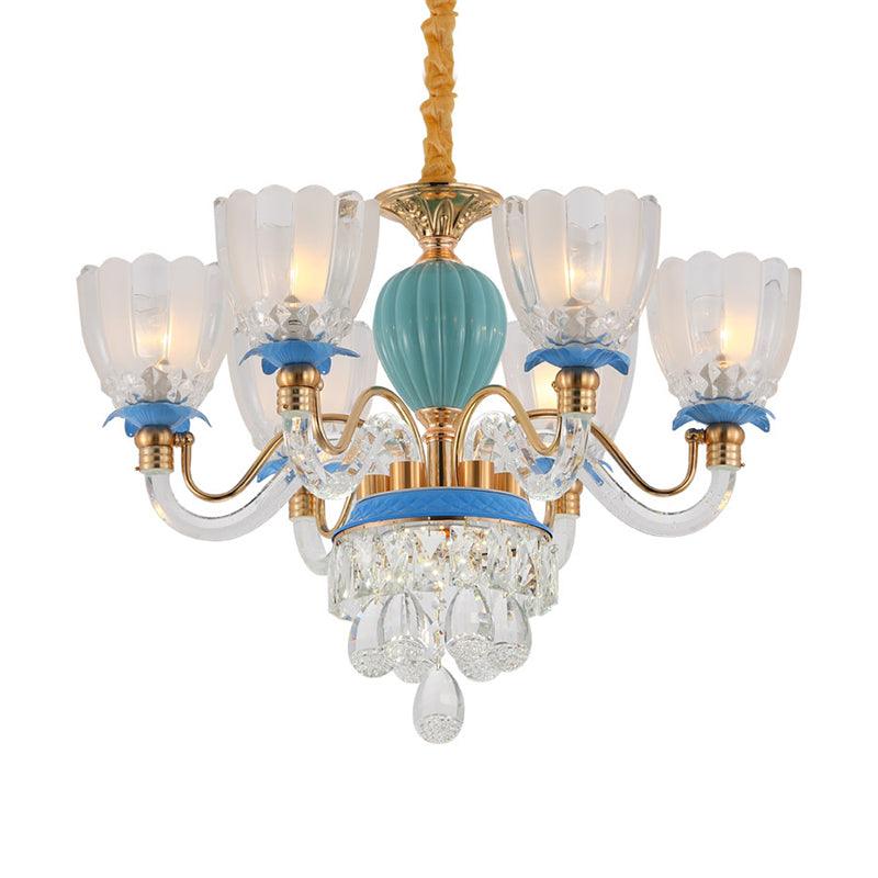 6 Heads Floral Shaped Chandelier Lamp Traditional Blue Crystal - Rebooters