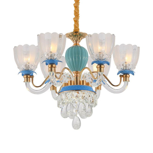 6 Heads Floral Shaped Chandelier Lamp Traditional Blue Crystal - Rebooters