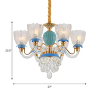 6 Heads Floral Shaped Chandelier Lamp Traditional Blue Crystal - Rebooters