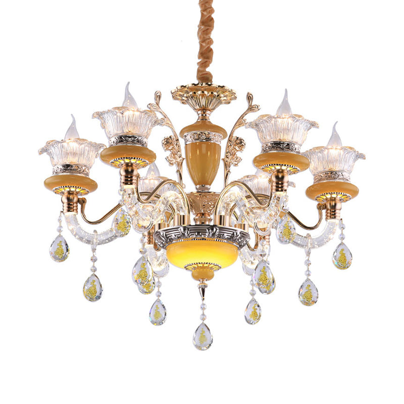 Yellow Candle Chandelier Traditional Crystal Drops 6 Heads Dining Hall Lamp - Rebooters