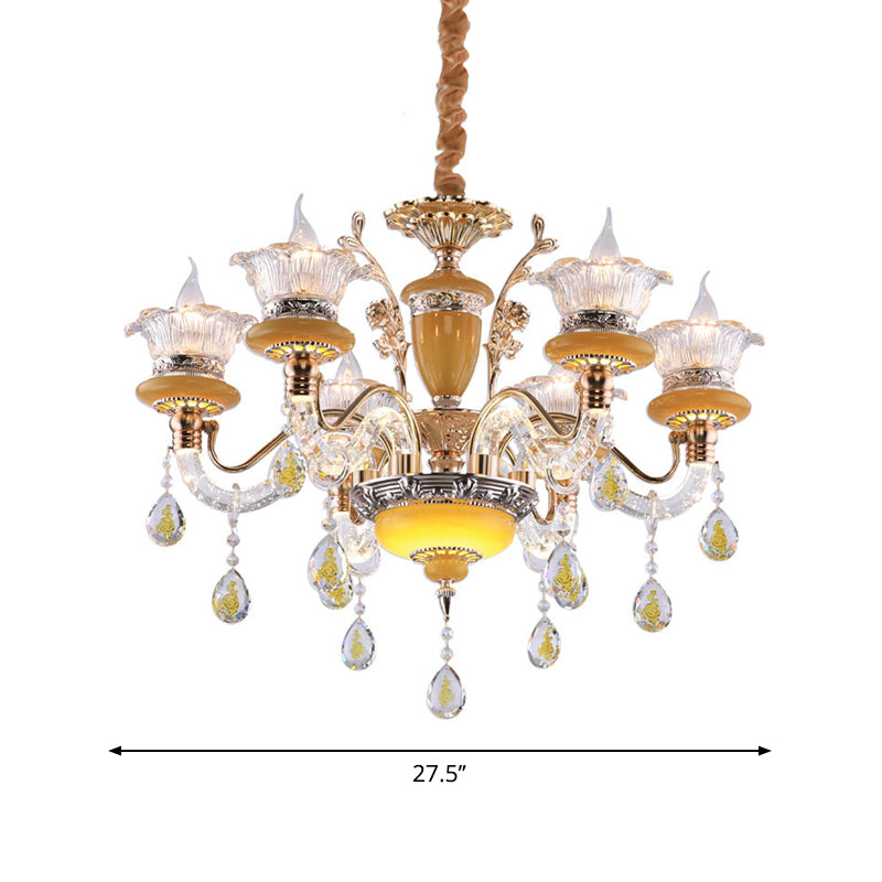 Yellow Candle Chandelier Traditional Crystal Drops 6 Heads Dining Hall Lamp - Rebooters