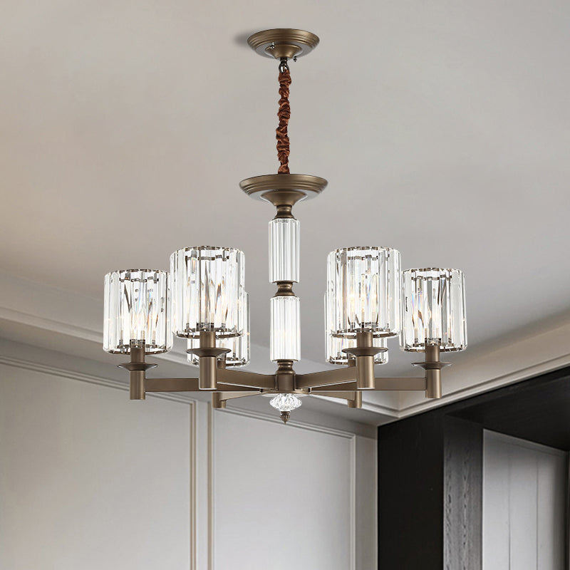 Traditional Cylindrical Pendant Light Fixture 6 Heads Crystal Chandelier in Brass - Rebooters