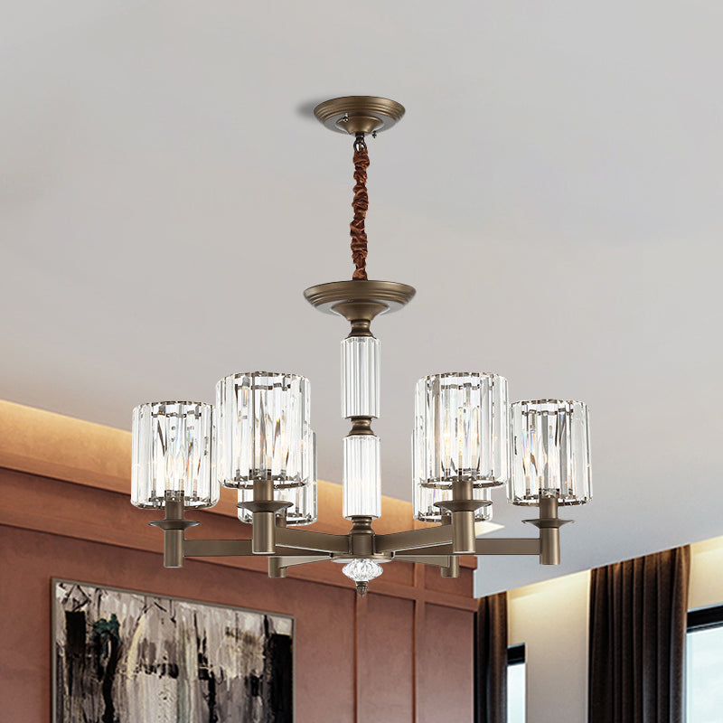 Traditional Cylindrical Pendant Light Fixture 6 Heads Crystal Chandelier in Brass - Rebooters