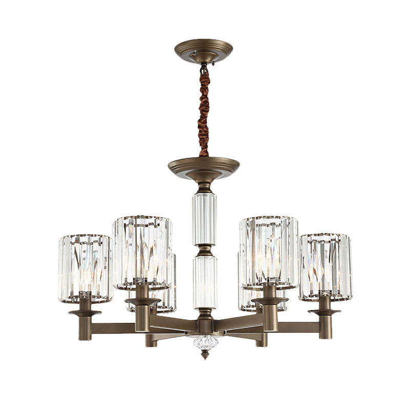 Traditional Cylindrical Pendant Light Fixture 6 Heads Crystal Chandelier in Brass - Rebooters