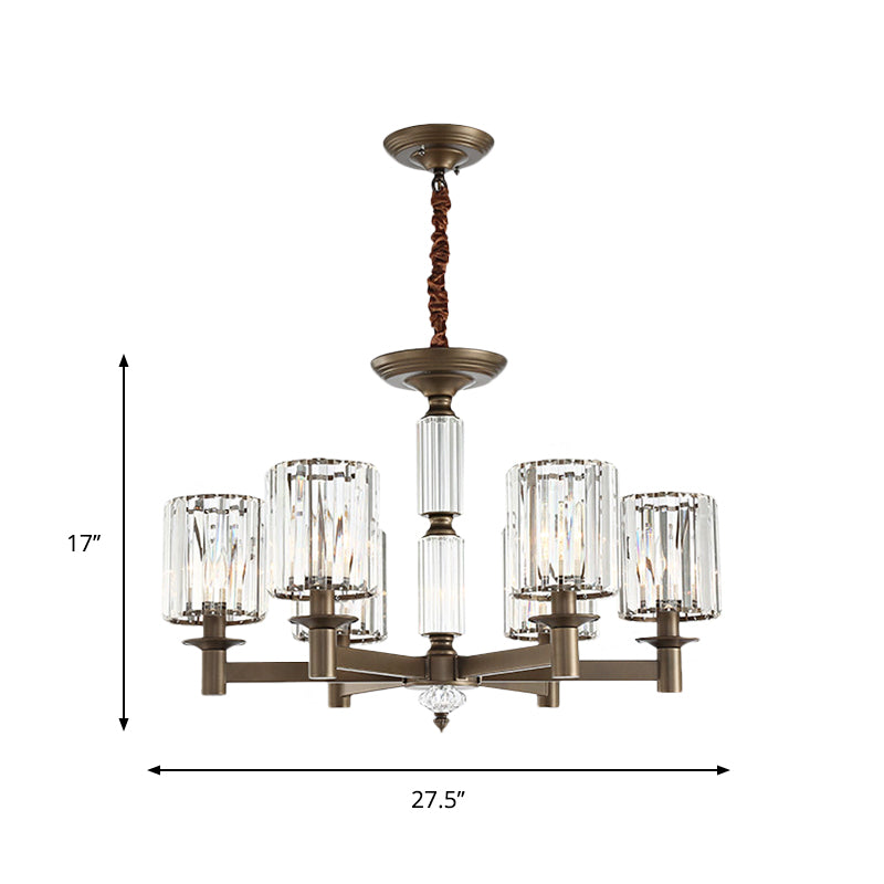 Traditional Cylindrical Pendant Light Fixture 6 Heads Crystal Chandelier in Brass - Rebooters