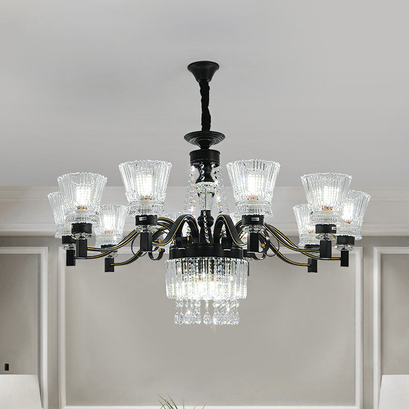 Black Tapered Hanging Ceiling Light Traditional Crystal 13 Heads Chandelier - Rebooters