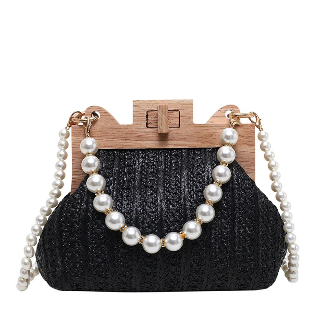 Black woven purse with wood frame and pearl beaded handle, elegant evening bag