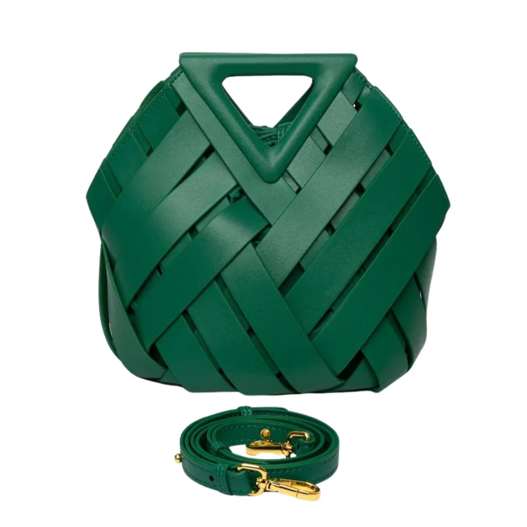 Green woven leather handbag with triangular handle and detachable strap