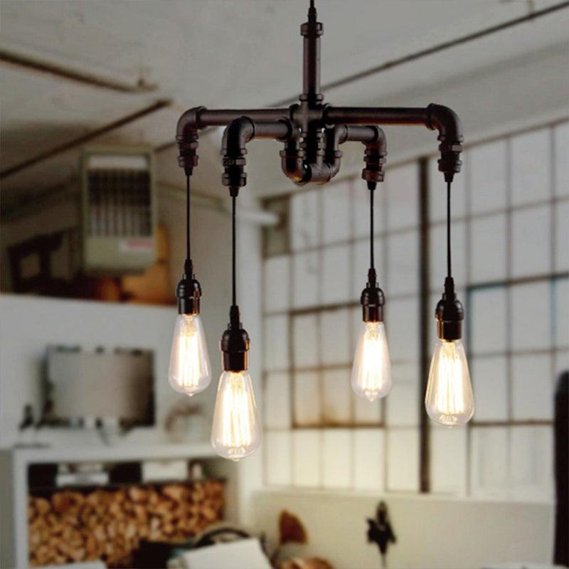 4 Bulbs Water Pipe Ceiling Light Rustic Stylish Antique Bronze Black Wrought Iron Chandelier Lamp - Rebooters