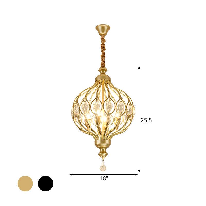 4/6 Lights Lantern Chandelier Contemporary Black Gold Crystal Encrusted Hanging Lamp Kit - Rebooters