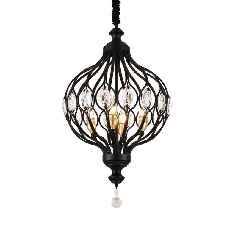 4/6 Lights Lantern Chandelier Contemporary Black Gold Crystal Encrusted Hanging Lamp Kit - Rebooters