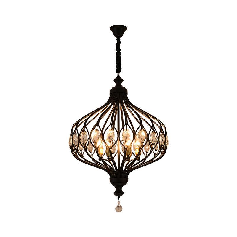 4/6 Lights Lantern Chandelier Contemporary Black Gold Crystal Encrusted Hanging Lamp Kit - Rebooters
