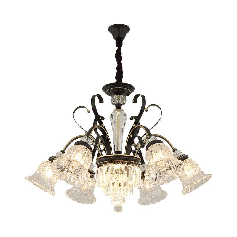 Beveled Glass Crystal Black Ceiling Chandelier Bell 6 Heads Traditional Pendant Light Kit - Rebooters