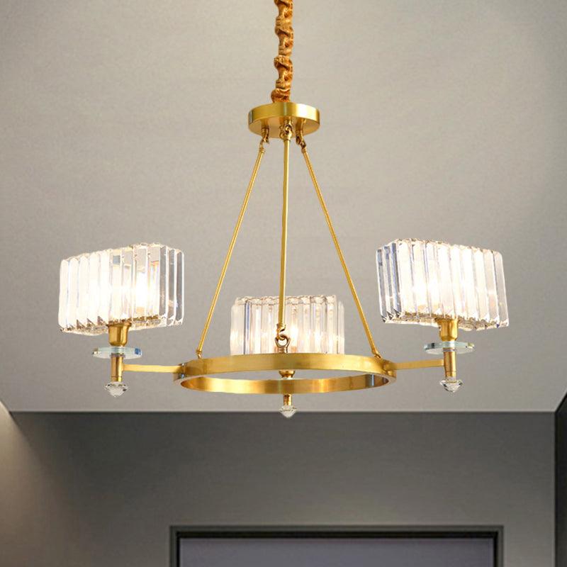 3/6 Bulbs Suspension Lighting Contemporary Cuboid Crystal Pendant Chandelier in Gold - Rebooters