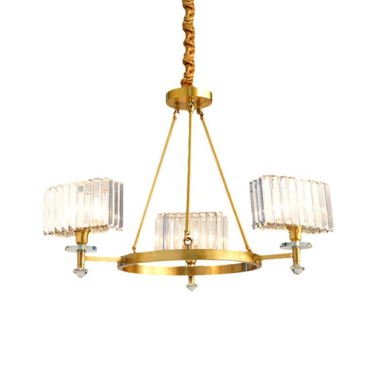 3/6 Bulbs Suspension Lighting Contemporary Cuboid Crystal Pendant Chandelier in Gold - Rebooters