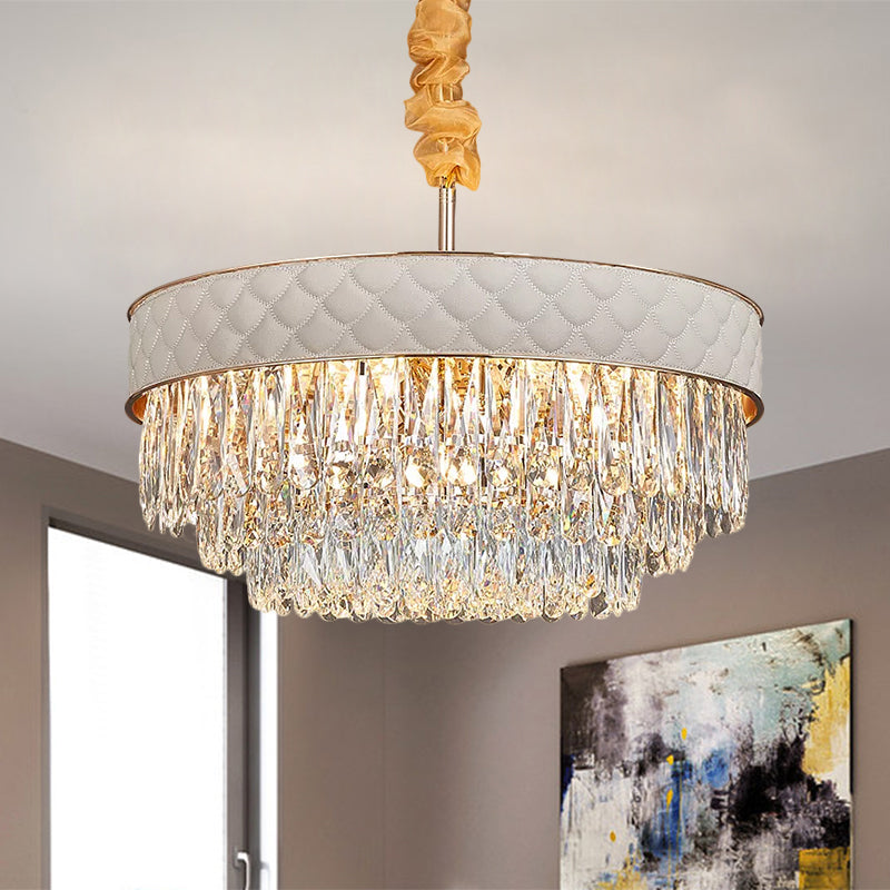 White 9/15 Heads Chandelier Light Contemporary Crystal Raindrops Drum Ceiling Pendant - Rebooters