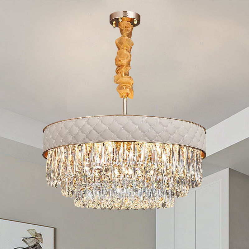 White 9/15 Heads Chandelier Light Contemporary Crystal Raindrops Drum Ceiling Pendant - Rebooters