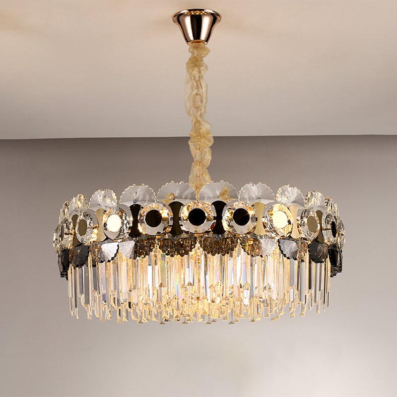 12 Bulbs Clear Crystal Prismatic Chandelier Gold Round Light - Rebooters