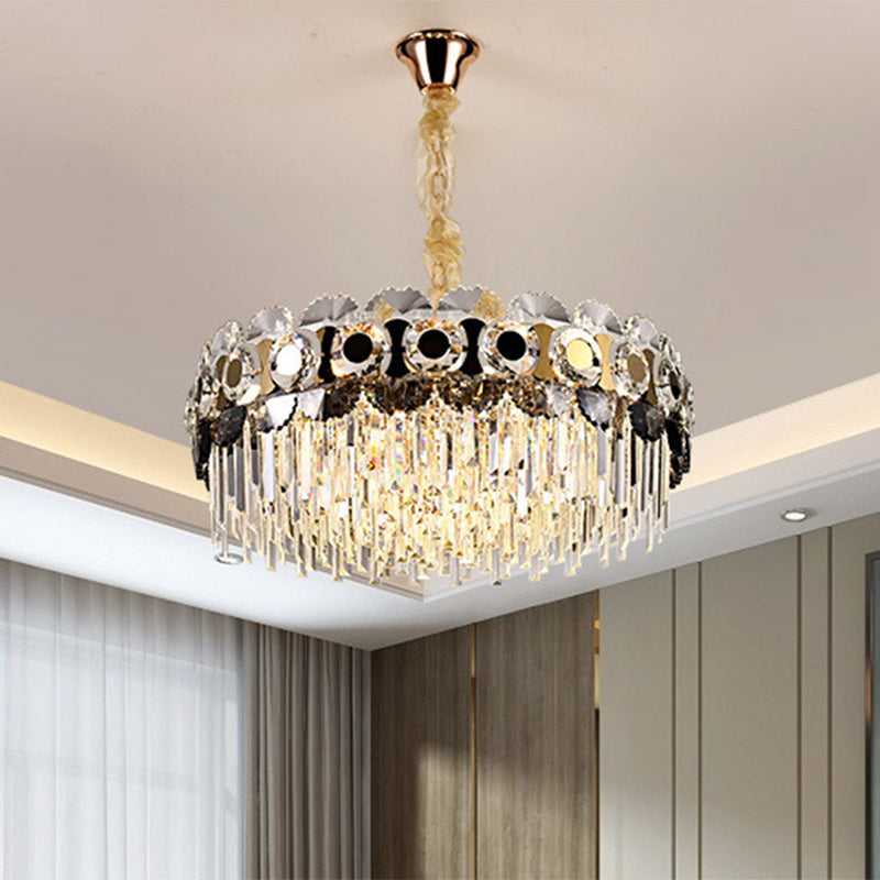 12 Bulbs Clear Crystal Prismatic Chandelier Gold Round Light - Rebooters