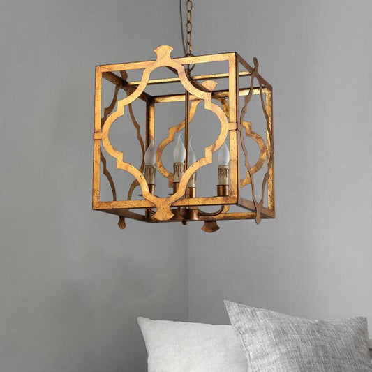 Antiqued Cube Cage Ceiling Chandelier 4 Lights Metal Candelabra - Rebooters