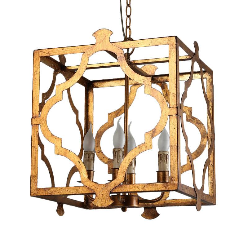 Antiqued Cube Cage Ceiling Chandelier 4 Lights Metal Candelabra - Rebooters