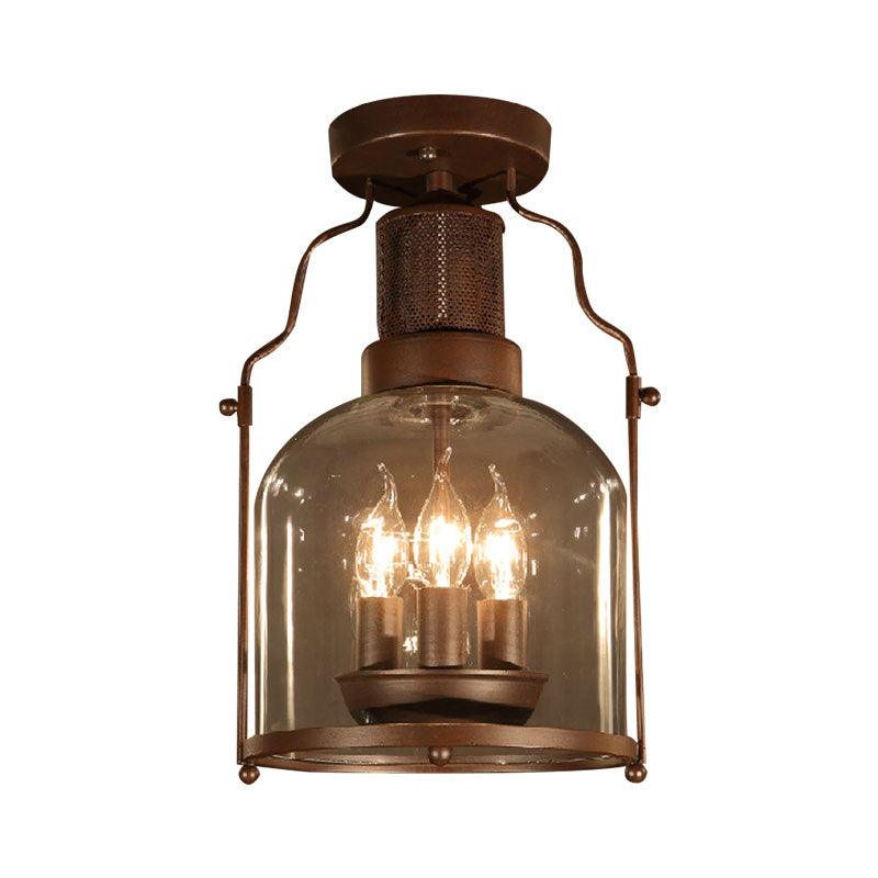 3-Light Ceiling Light Fixture with Dome Shade Clear Glass Rustic Living Room Semi Flush in Rust - Rebooters