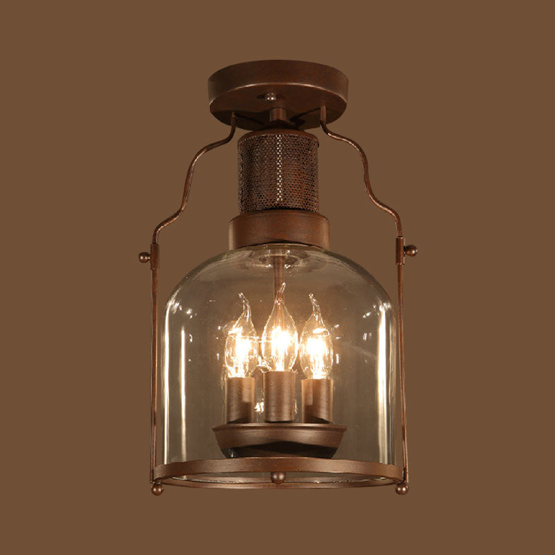 3-Light Ceiling Light Fixture with Dome Shade Clear Glass Rustic Living Room Semi Flush in Rust - Rebooters