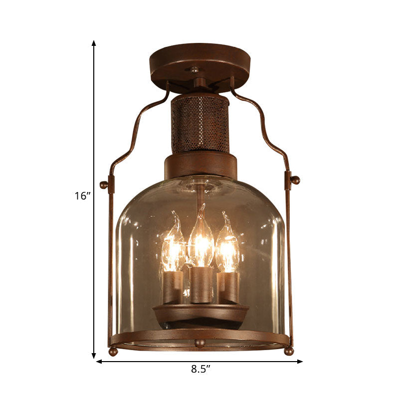 3-Light Ceiling Light Fixture with Dome Shade Clear Glass Rustic Living Room Semi Flush in Rust - Rebooters