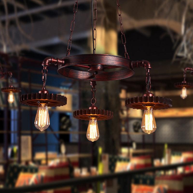 3/5/7 Heads Exposed Bulb Chandelier Light with Gear Deco Farmhouse Style Rust Metallic Ceiling Lamp - Rebooters