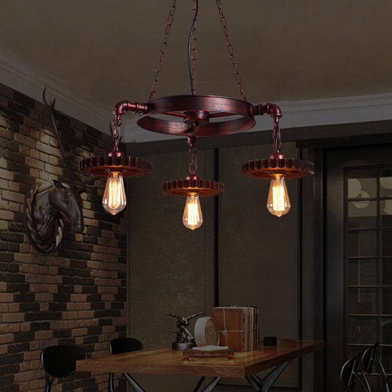 3/5/7 Heads Exposed Bulb Chandelier Light with Gear Deco Farmhouse Style Rust Metallic Ceiling Lamp - Rebooters