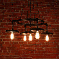 3/5/7 Heads Exposed Bulb Chandelier Light with Gear Deco Farmhouse Style Rust Metallic Ceiling Lamp - Rebooters